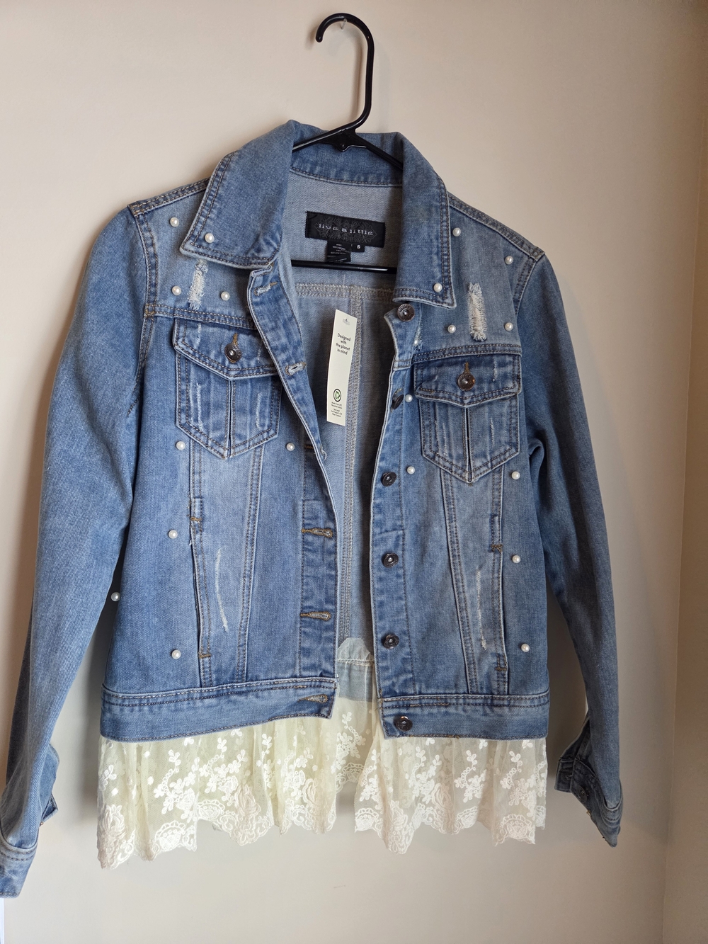 Light Blue Denim Jacket with Lace Hem